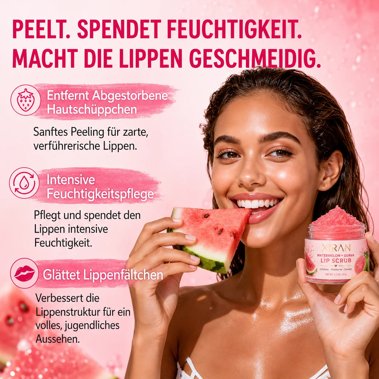 A person holding a jar of watermelon-flavored lip scrub and a slice of watermelon against a pink background with product benefits written in German.